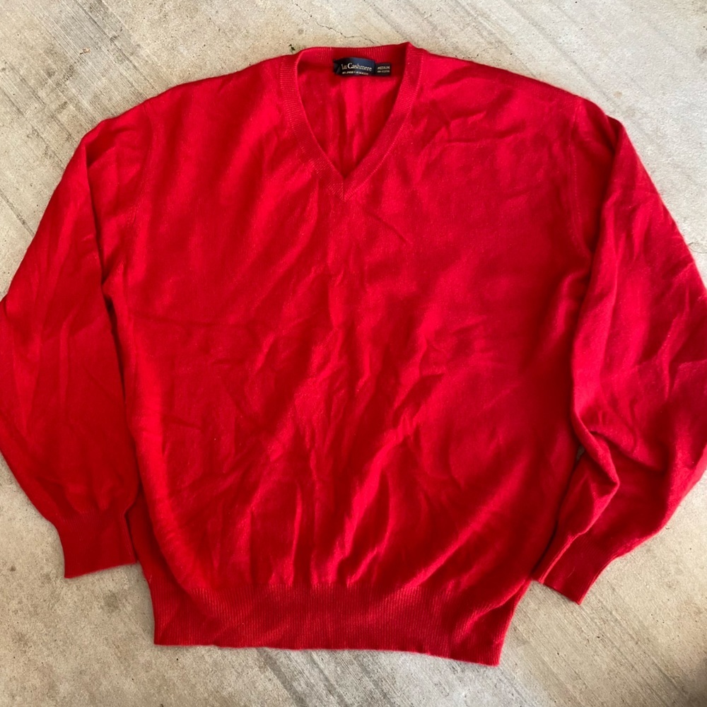 Lux Cashmere | Red V-neck 100% Cashmere Sweater Medium